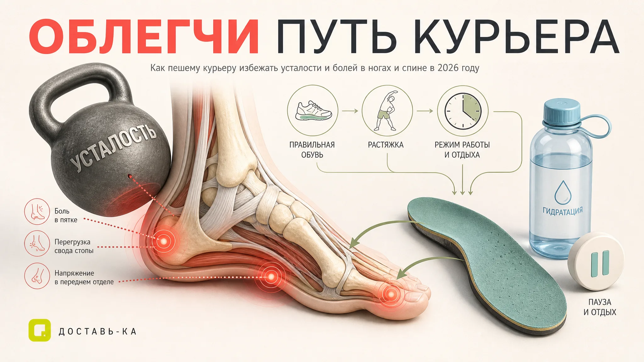 Пеший курьер: профилактика усталости и болей в ногах и спине в 2026 году