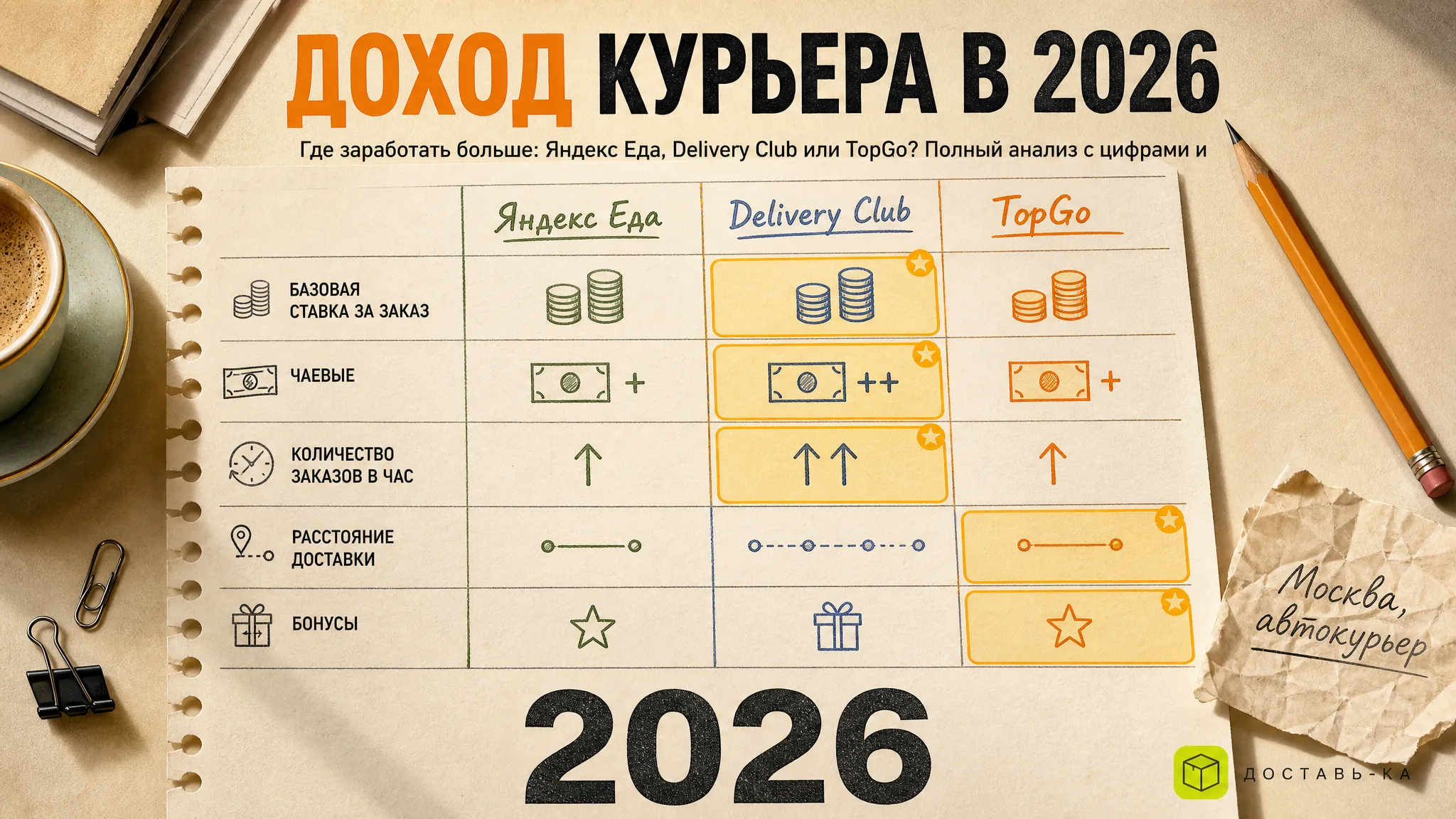 Сколько можно заработать курьером в Яндекс Еде, Delivery Club и TopGo в 2026 году?
