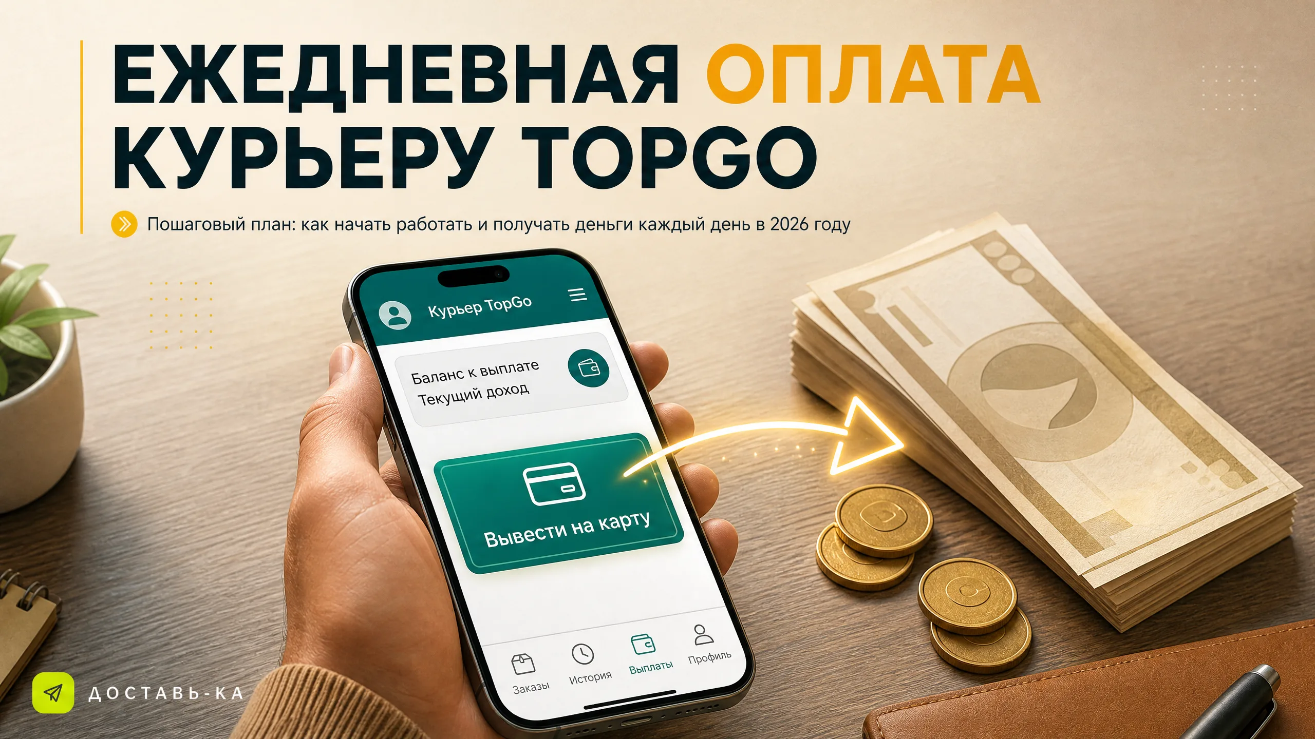 Работа курьером с ежедневной оплатой в TopGo в 2026 году: полный план