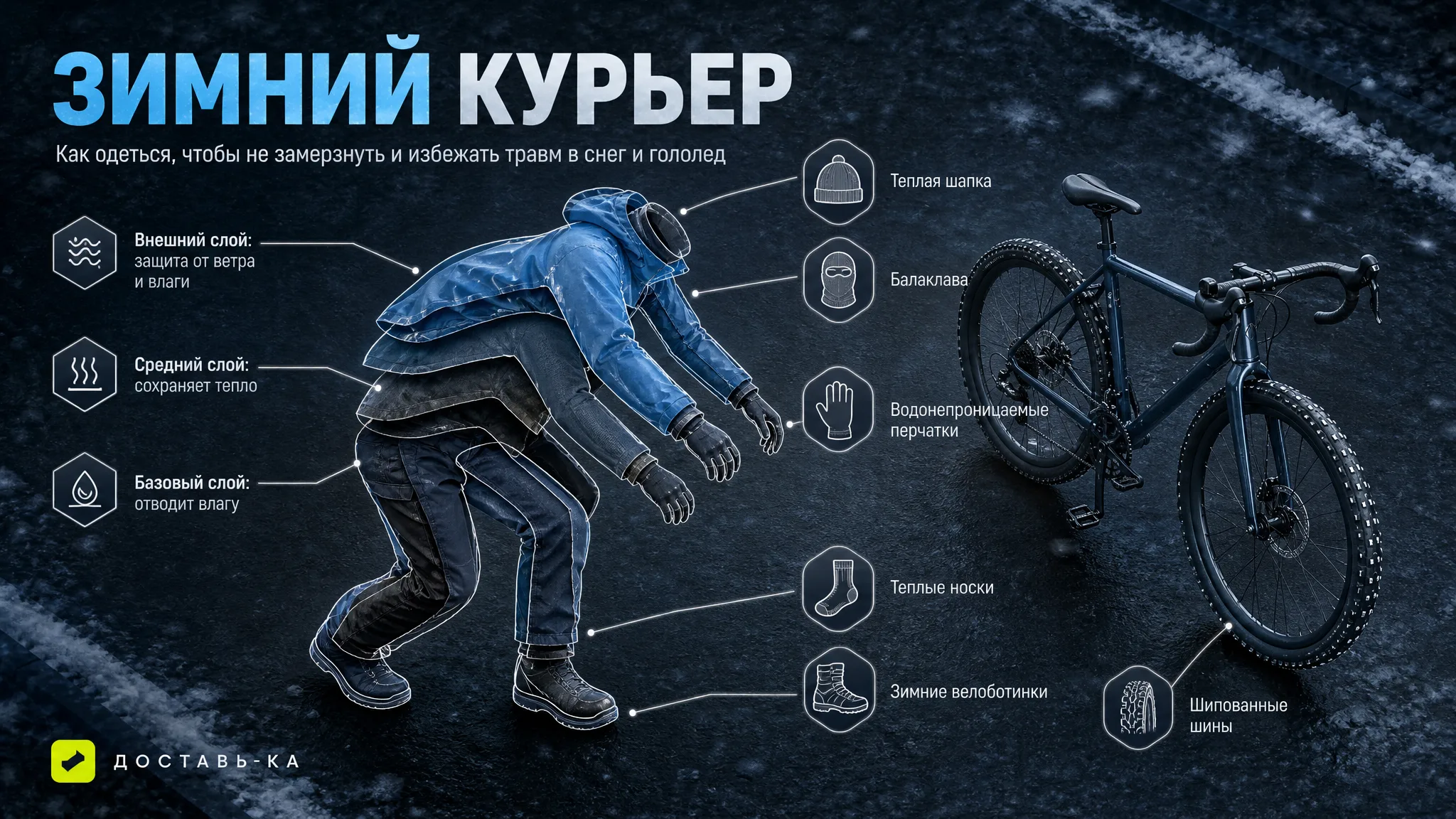 Велокурьер: зимняя экипировка для работы в снег и гололед в 2026 году
