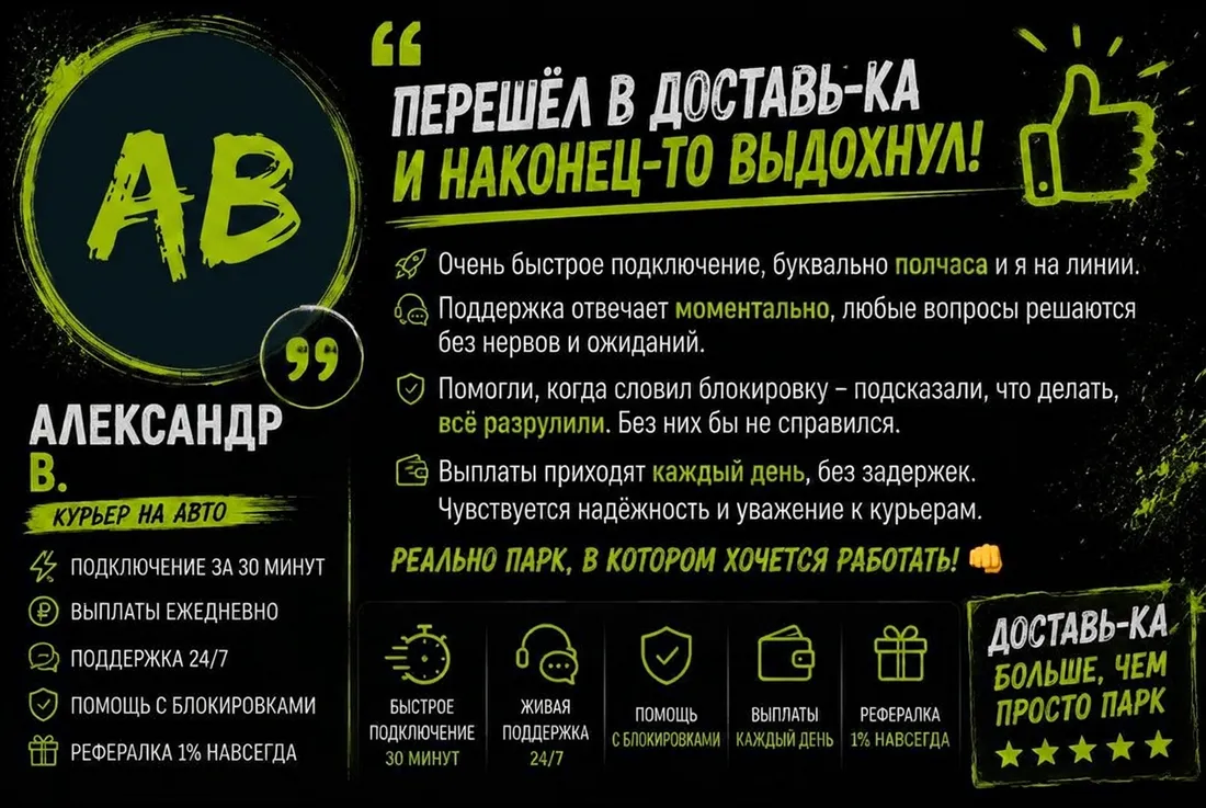 Отзыв курьера: Александр В. — «Перешёл в ДОСТАВЬ-КА и наконец-то выдохнул!»